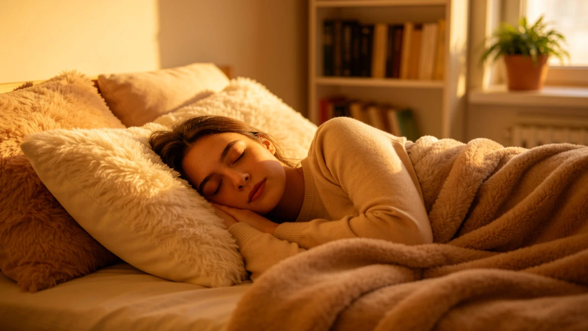 Person enjoying restful sleep in a calm and comfortable sleep environment