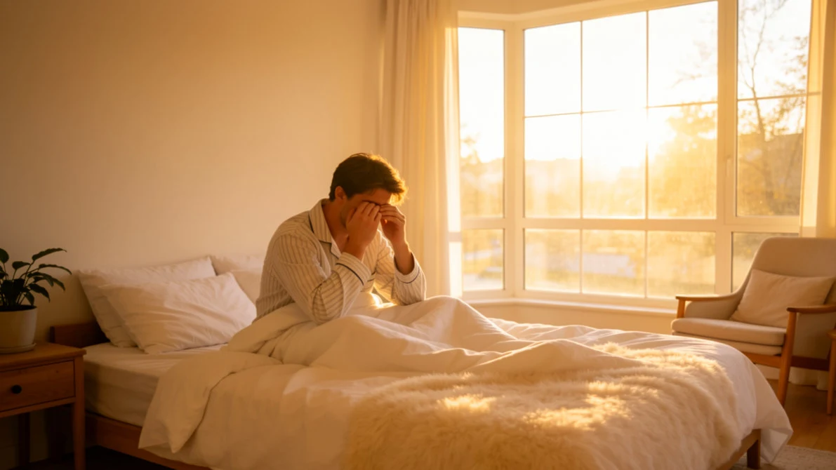 Person waking up feeling tired despite a full night's sleep in a bright bedroom