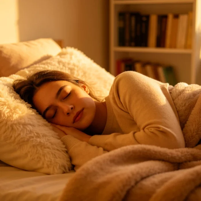 Person enjoying restful sleep in a calm and comfortable sleep environment