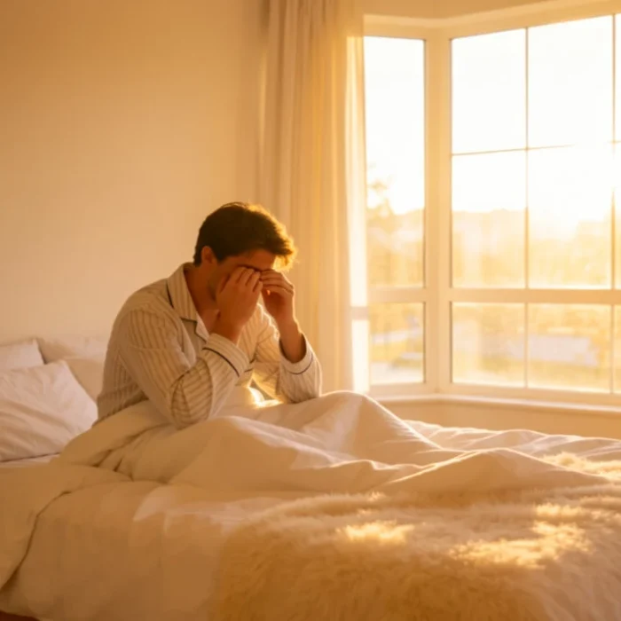 Person waking up feeling tired despite a full night's sleep in a bright bedroom